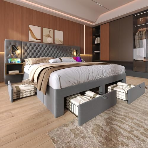 BENMWS Polsterbett Doppelbett 160×200cm Grau, Samt, Bettanlage Schlafzimmer Komplett Set mit 2 Nachttischen und 4 Schubladen, mit Kopfteil (Mit Matratze)