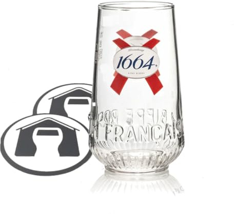 GarageBar | Kronenbourg 1664 Beer Glass | Nucleated Tumbler Beer Glass | Official Merchandise | Comes with 2X Beer Drip Mats (1, Pint/20oz)