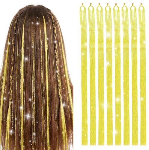 8 Packungen haarsträhnen kinder, 120cm goldene hair tinsel für Mädchen und Frauen glitzer haarsträhnen für Karneval und Cosplay | Glitzer-Strähnen für Mädchen und Frauen, glitzernd, für Festivals, Partys, Karneval, Cosplay