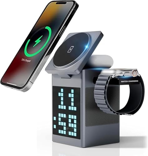 Bluetooth Speaker 6 in 1 Wireless Qi2 Charging Station | Alarm Clock/Pixel Display, 360° Rotation Magnetic, IOS/Android Phone Watch Earbuds Compatible