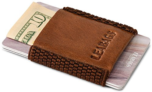 LEABAGS Leder Kartenetui Herren I Echtleder Kreditkartenhülle I Kartenhalter mit elastischen Gummiband I kleines Münzfach I 10 Kartenfächer I Männer Visitenkartenhülle I Nature Dunkelbraun