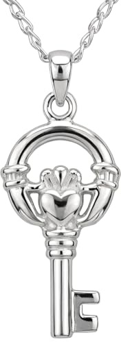 Alexander Castle Solide 925 Sterling Silber Irische Claddagh Schlüssel Keltische Anhänger Halskette - Keltischer Schmuck für Damen mit 18 Silber Kette & Schmuck Geschenk-Box - 22mm x 11mm