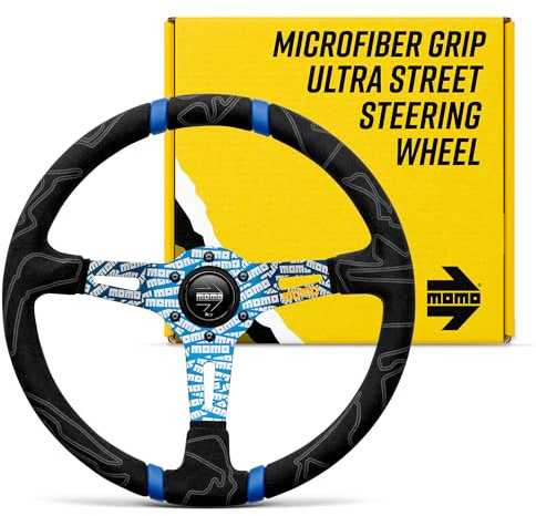 MOMO Motorsport Ultra Street Lenkrad, schwarzer Premium-Mikrofaser-Griff, blau eloxiert mit Logo, blaue Doppelstreifen in der Mitte, 350 mm – ULT35BK0BU