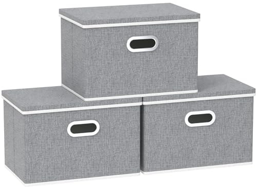 Yawinhe 3 Stück Aufbewahrungsbox mit Stoffdeckel,45x30x30cm,Grau | Aufbewahren Boxen mit Deckel Stoff;Waschbare Faltbare Stoffboxen;Kisten Aufbewahrung mit Praktischen Metallgriff