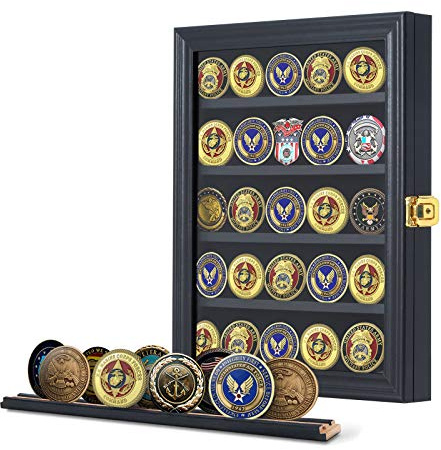 Jinchuan Military Challenge Coin Display Case Lockable Cabinet Rack Holder Shadow Box with Removable 2 Grooves Shelves and Anti Dust Door for Casino Poker Chips Collectibles, Small - Black