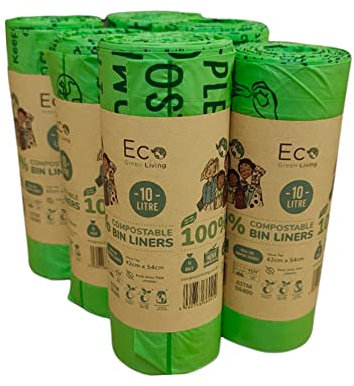 Eco Green Living 10 Litre Bin Liners, Plastic Free, Strong and Leak Proof Food Caddy Bags, Small Bin Bags for Food Waste and Kitchen Caddies, 108 Bags