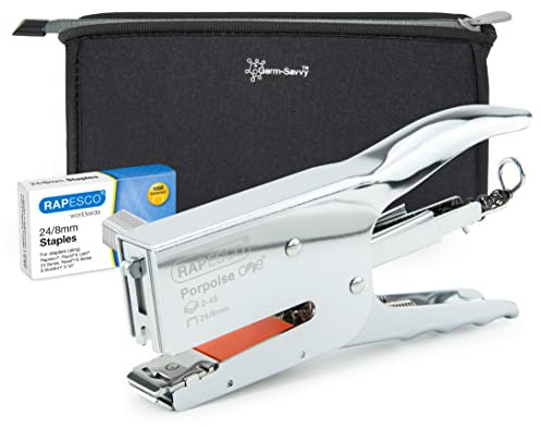 Rapesco 1626 Porpoise ONE Grapadora de Tenaza con Bolsa Germ-Savvy y 1000 Grapas 24/8 mm, Usa Grapas 24/8 mm desde 2 hasta 45 Hojas, Cromo