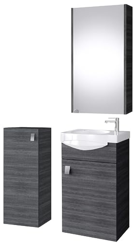 Planetmöbel Badmöbel Set Waschtisch mit Unterschrank | 40 x 60 x 29 cm, Spiegelschrank 40 cm & Midischrank für Badezimmer, Gäste WC & Bad, Anthrazit
