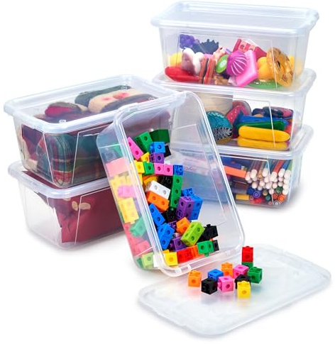 GAMENOTE 6 Quart Storage Bins with Lids, Plastic Latching Box for Classroom & Kids Toy Storage,Stackable Shoe Box Size Containers for STEM Morning Tubs, Crafts & Building Blocks (6, Clear)
