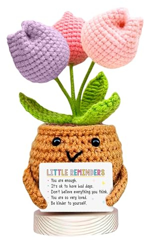 VELENTI Crochet Tulip Gift for Friend – “Little Reminders” Handmade Plant Pot with Uplifting Messages – Cute Friendship Decor for Mental Health & Self-Love
