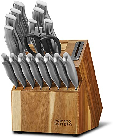 Chicago Cutlery Insignia Steel (18-PC) Kitchen Knife Block Set & Built-In Sharpener, Contoured Ergonomic Handles and Sharp Stainless Steel Professional Chef Knife Set & Scissors With Bottle Opener