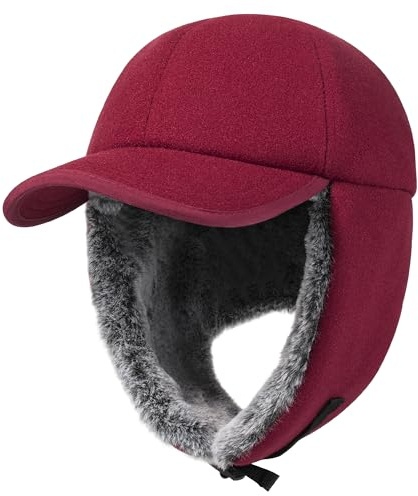 PivotWing Fellmütze Basecap mit Ohrenklappen für Männer Frauen. Kunstfell-Futter, Wolle-Stoff, Super warm