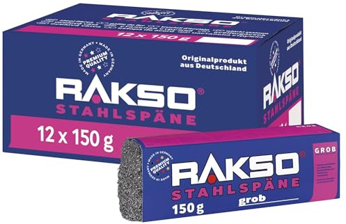 RAKSO Stahlspäne grob - 1,8 kg, 12 Banderolen à 150g, schleift & glättet offenporige Holzoberflächen, Reiniger Metall, Stein, Dämm -, Filtermaterial
