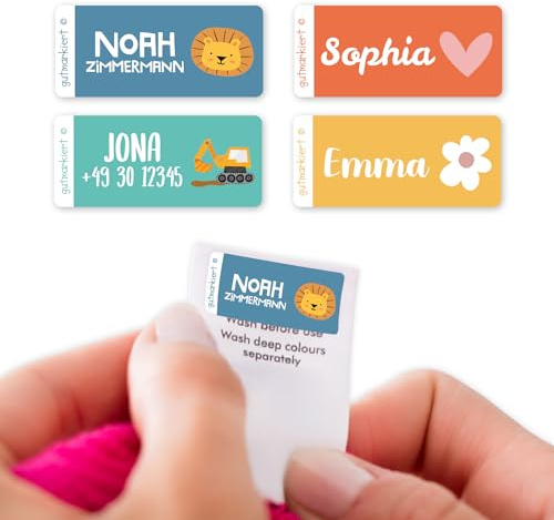 Gutmarkiert Namensaufkleber Kinder Kleidung - 40 Stück 26x12mm Colourful | Langlebige Namensetiketten - personalisierbare Textilaufkleber - Namens Sticker zum einfachen Anbringen