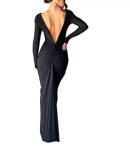 Geagodelia Robe Femme Maxi-Longue Sexy Moulante à Manches Longues, Robe de Soirée Col Deep V ou Dos Nu avec Deux Moyens à Porter (Noir, S)