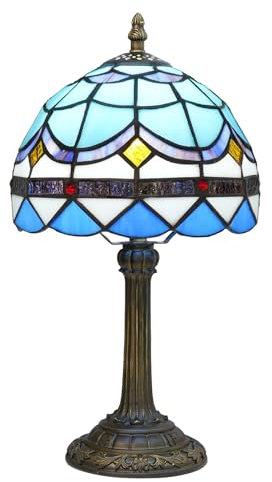 BOTOWI Tischlampe im Tiffany, mediterranes Nachtlicht, Lampenschirme aus Buntglas mit Harzsockel, Nachttischlampe für Schlafzimmer, Wohnzimmer-Wohnzimmer Blau Gelb Grün Schreibtischleuchte,Feather