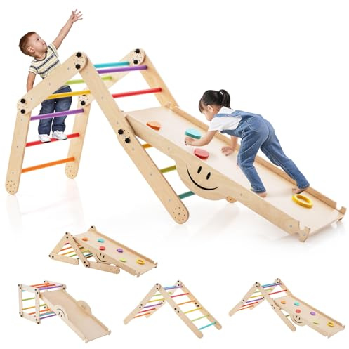 COSTWAY 10 in 1 Toddler Climbing Frame, Indoor Kids Climber Ladder with Reversible Ramp, Wooden Montessori Play Gym Set for Boys Girls (Colorful)