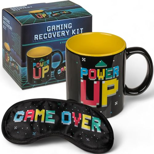 MIJOMA Power Up Kaffeebecher & Gaming Erholungs-Set: Schlafmaske mit Game Over-Druck, ideal für Gamer, Henkelbecher Schwarz/Gelb