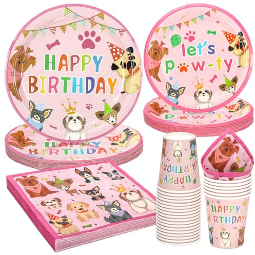 PARTY GO 96 Stück Hund Geburtstag Party Geschirr Set Hund Einwegpapier Teller Servietten Tassen für Hund Party Dekoration Teller Set servieren 24 Gäste