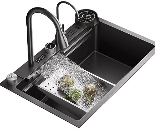 Küche Spüle Edelstahl Workstation Küche Spüle Küche Spüle Tap, Schwarze Küche Spüle Digital Display Ll Wasserhahn 304 Edelstahl Spüle Single Bowl Sink Mit Glaswaschbecken Alle Accessoires