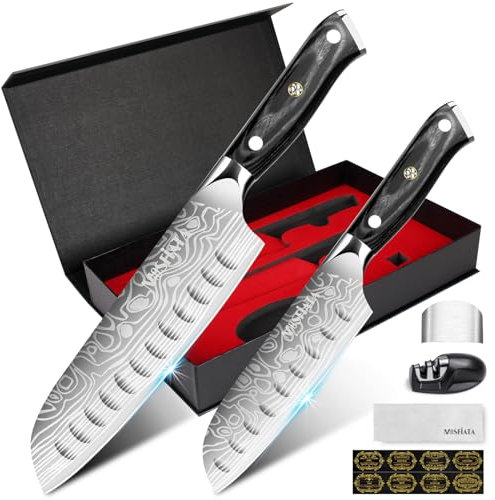 MOSFiATA 2PCS Küchenmesser, 7 Zoll und 5.5 zoll Santoku Messer, Kochmesser Profi Japanisches Messer Kommt mit Scheide und Waschlappen,Geschenkbox-Verpackung