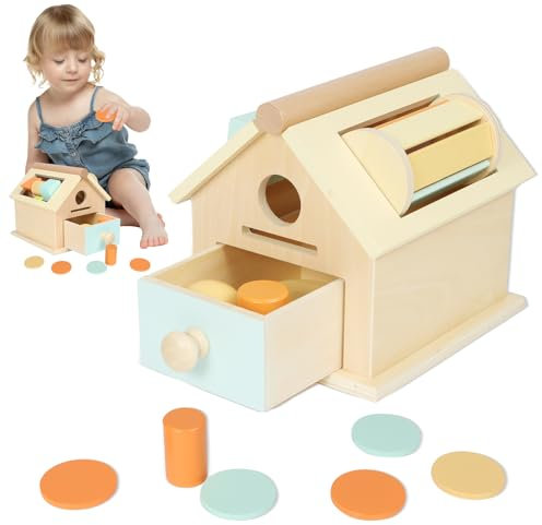 Joellfuner Montessori Spielzeug ab 1 Jahr, Münzbox Holz Montessori Spielzeug, 5-In1 Motorikspielzeug Baby, Holzspielzeug Sortierspiel für Kinder als Weihnacht Geburtztag New Jahr Geschenk（A