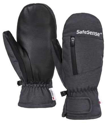 Safesense Skihandschuhe Fäustlinge Damen Herren sehr warm, Fausthandschuhe Snowboardhandschuhe Winter wasserdicht Grau L