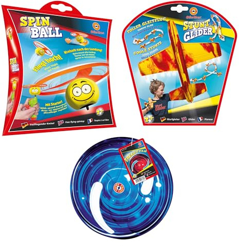 GÜNTHER FLUGSPIELE - 1713 - Flugspielzeug Set mit Wurfscheibe ca. 22 cm, Wurfgleiter Segelflugzeug ca. 18 cm & Propellerspiel Fliegender Kreisel ca. 12,5 cm, farblich Sortiert