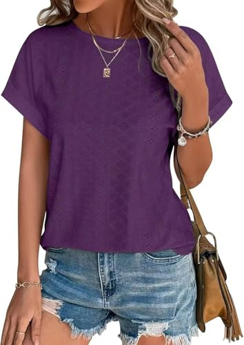 Dam-t-shirt, sommarblus, elegant kortärmad ledig hålbroderi, topp, kläder, lediga skjortor, rund hals, sommarblusar, tunika, toppar, B1-lila, XL