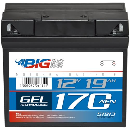 BIG Motorradbatterie 12V 51913 GEL 19Ah 170A/EN Motorrad-Starter-Batterie wiederaufladbar und wartungsfrei ersetzt 20Ah 21Ah