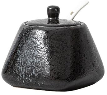 Sucrier en céramique 430 ml avec couvercle et cuillère – Pot à épices noir pour sel, sucre, café, thé – Cuisine, maison, café, bar