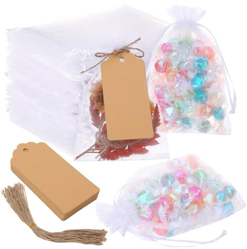 Xialvyu 50 Stück Organzasäckchen 10x15 cm Weiß mit 50 Stück Geschenkanhänger, Klein Organza Säckchen mit Kordelzug, Geschenksäckchen Schmuckbeutel für Hochzeit, Geburtstag, Schmuck, Weihnachten