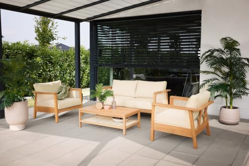 Primaster Gartenmöbel Set Aruba 4 Personen Lounge Gartentisch Sitzgruppe Terrasse Akazie Wiener Geflecht Hellbeige 4-TLG