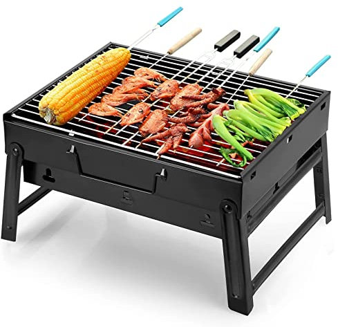 KWMAEEUID Petit Gril à Charbon de Bois Barbecue Portable au Charbon de Bois Valise Grill Pliable Filet de Cuisson extractible adapté pour Le Camping, Pique-Nique en Plein air, randonnée, v