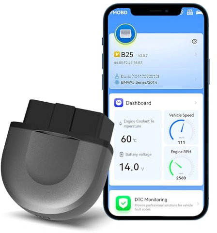 Anluomafuy OBD2 Diagnostic Device OBD Bluetooth 5.1 Adapter, Car Diagnostic Scanner Tool for iPhone/iOS and Android, 25 Languages, Wireless Car Scan Tool, Live Data Engine Error Code Checking