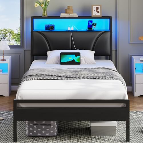 Brinlawb Bett 90x200 mit Lattenrost aus Metall Bettgestell 90x200 cm mit LED Beleuchtung, Jugendbett 90x200 mit Kopfteil und Ladestation(2 AC-Steckdosen,2 USB-Anschlüsse) Metallbett einzelbett Schwarz