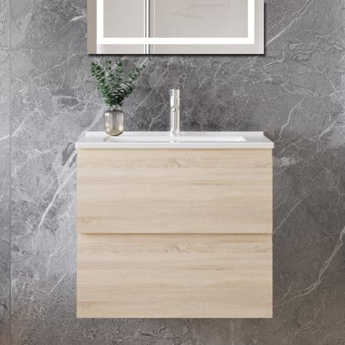 Acezanble Mueble de Baño. 60 x 38,5 x 52 cm. Armario de Baño con Lavabo 2 Cajones y Lavabo de cerámica.Roble