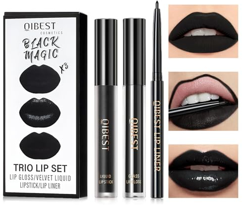 Schwarz Lippenstift Set, mit Schwarz Matt Flüssiger Lippenstift, Lipliner, Lipgloss Trio Lippen, Black Lipstick, Langanhaltend, Hochpigmentiert, für Halloween Karneval Gothic Party Cosplay