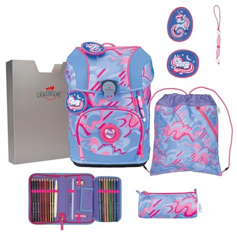 DerDieDas Schulranzen ErgoFlex Tiny Superflash Set 6-teilig Magic Unicorn hellblau