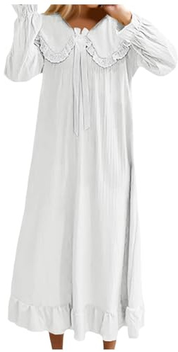 Genérico Camisón Largo para Mujer Mangas Largas Camisones con Encaje Color Liso Cuello de Muñeca Casual Camisones Talla Grande Cómoda Camisón para Estar en Casa