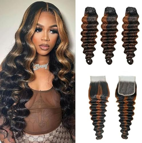 FUIBEJAE #P1b/30 Paquetes de Cabello Humano Ondulado Suelto Profundo Paquetes Humano con Cierre de Encaje Extensiones de Cabello Virgen Brasileño de Grado para Mujeres Negras,16 18 20+16closure