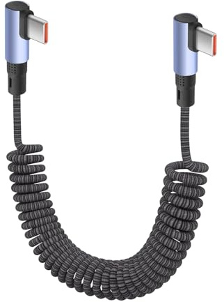 YACSEJAO 100 W USB C till USB C spiralflätad [0,3 M-1,5 M] 90 graders infällbar spiral USB typ C snabbladdningskabel (sida till sida vinkel)