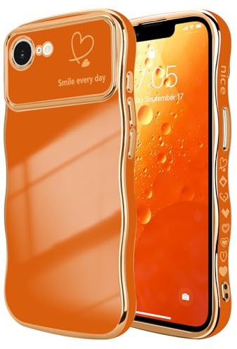 LCHULLE Kompatibel med iPhone 16e, fodral, kärlekshjärta, flickor, mobiltelefonfodral, vågor, lockig form med upphöjt kameraskydd, lyxigt, galvaniserat skyddshölje, flickfodral för iPhone 16e, orange