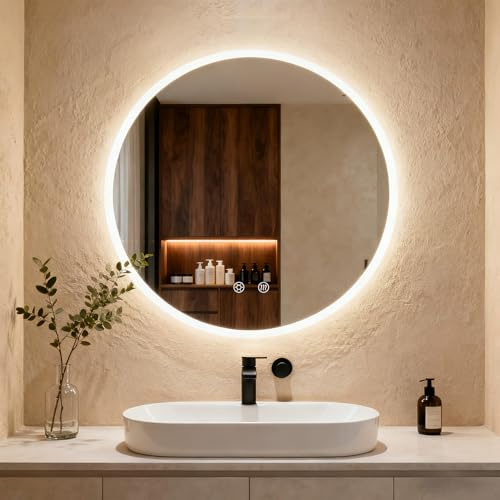 Clevich Badspiegel Rund mit Beleuchtung 60 cm, Beschlagfrei, Dimmbar | Runder Touch-LED-Spiegel aus gehärtetem Glas mit mattiertem Rand, 3 Lichtfarben, Memory-Funktion, einfache Wandmontage