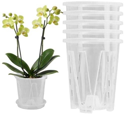 SMELEYOU Vasi per orchidee con fori 5 fioriere in plastica trasparente con vassoi per orchidee da interno/esterno piante aroidi 12 cm