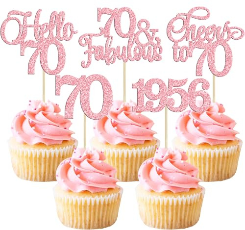Gyufise 30Pcs 70th Birthday Cupcake Toppers 70 Fabulous Cupcake Picks Cheers to 70 1956 Cake Decorations for Happy 70th Birthday Wedding Anniversary Party Decoration Supplies Pink