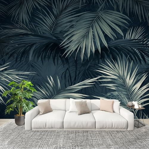 Générique Papier Peint Photo Murale 250x175cm Plantes ThèMe Des Feuilles De Palmier 3D Effets Muraux Tissus Non Tissés Bleu Foncé Décor Murale pour Couloir Bureau Rénovation de Maison
