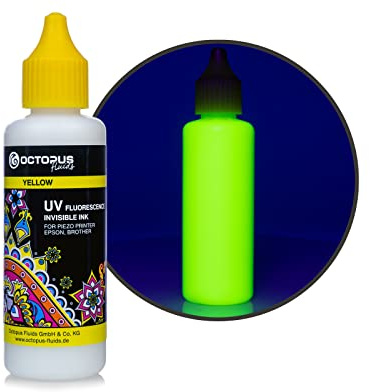 Octopus Fluids UV-Tinte kompatibel mit Epson/Brother, Gelb 50 ml | Unsichtbare fluoreszierende Inkjet-Tinte für Piezo-Druckköpfe, leuchtet unter geeignetem UV-Schwarzlicht