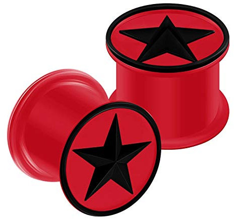KJM Fashion 2 Stk Rot 12mm 1/2 Double Flared Schwarzer Stern Flesh Earplugs Ohr Plug Stecker Ring Expander Stab Piercing Schmuck 5243