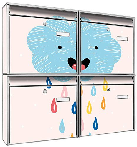 banjado Briefkastenanlage 4 Fach - Postkästen groß - verzinkter Stahl Silber DIN A4 Motiv Regenwolke - Briefkasten Set 4 Briefkästen Namensschild, 2 Schlüssel, Montagematerial